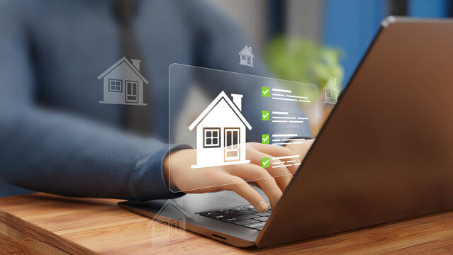 房地产管理，利用数字技术的专业房产分析清单。投资策略、住房保险、商业企业、房地产机遇。3D 插画