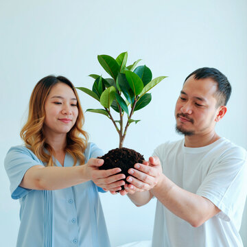 亚洲年轻女子和亚洲年轻男子一起捧着小盆栽，聚焦团队合作与环保关怀，两人都带着温柔的神情看着植物