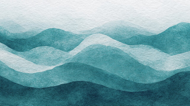 蓝、天青、绿松石色抽象水彩背景（适用于纹理背景及网页横幅设计）：蓝色调抽象背景，带绿松石色海浪图案渐变的水彩画作