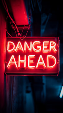 黑暗走廊中闪烁着“前方危险”文字的霓虹红色标识