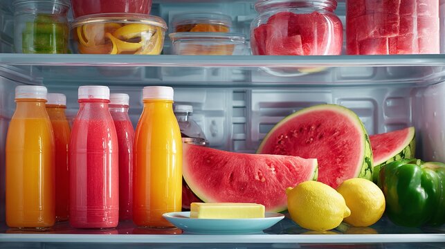 冰箱搁板上摆放着果汁、西瓜、柠檬、一个青椒和黄油，这些都是日常营养中健康饮食和均衡生活方式的象征。