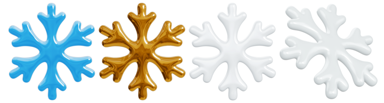 雪花套装。有光泽的金属金色、蓝色和白色冬季设计元素、霜之图标。3D圣诞和新年节日装饰品，正视图。透明背景上的孤立元素