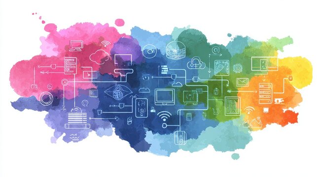 翻译：网络平面设计顶视图主题 信息技术水彩风格 色彩鲜艳生动