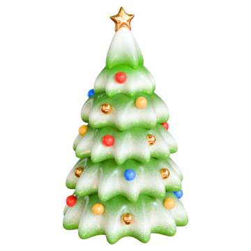 Stylized green Christmas tree with glossy colorful balls and snow frost. Concept of Christmas decoration and New Year. Isolated on transparent background. 3D render, minimalistic illustration