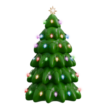 风格化卡通绿色圣诞树，装饰着彩灯。圣诞装饰与新年的概念。透明背景上的孤立元素。3D渲染，简约插画