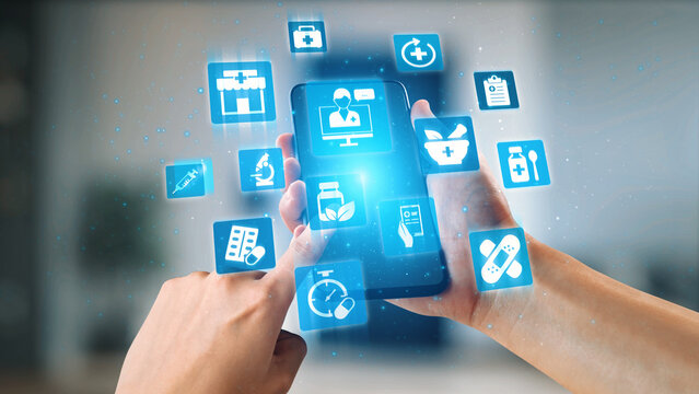 在线药房图标：展示药品、医疗保健、处方及医疗服务，涵盖数字药房、网上药店、远程医疗与现代制药解决方案