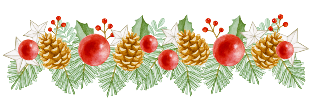 圣诞装饰品与植物装饰 水彩插画