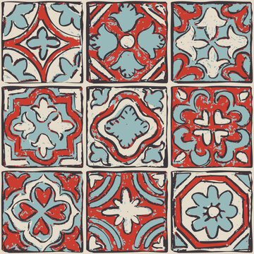 复古红蓝调无缝瓷砖图案。带几何细节与纹理表面的手绘地中海风格装饰矢量插画。