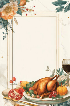 带有装饰性几何边框烤火鸡图案的秋季假日晚餐邀请函模板