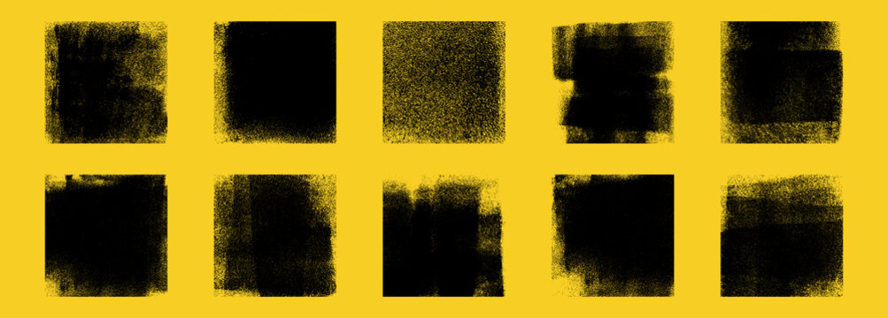 Set of grunge rolled ink stamp textures handmade with brayer. Eroded letterpress vintage rough square backgrounds. Linocut relief printing shapes vector illustration isolated