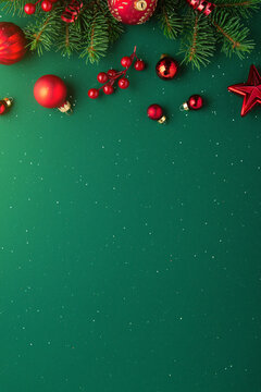 翻译标题：圣诞快乐和节日快乐贺卡、画框、横幅。新年。圣诞。绿色背景上红色圣诞饰品的俯视图。冬季圣诞假期主题。圣诞树装饰。