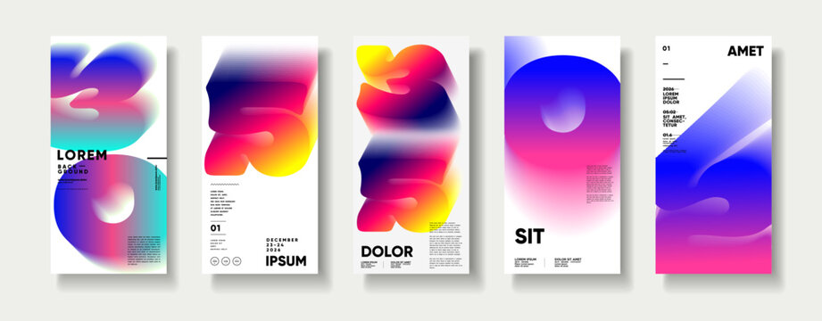 A collection of five modern, abstract poster designs featuring bold typography and vibrant gradients. Geometric shapes and color schemes, ideal for creative projects 