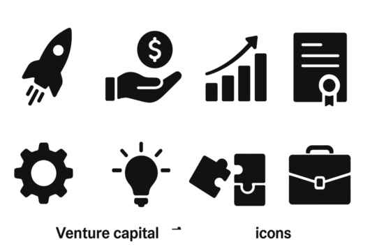 风险投资纯色图标集。包含投资、金融、商业增长、战略等图标
