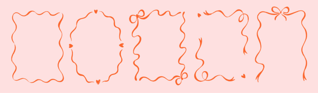 涂鸦风格的俏皮娇俏边框，饰有蝴蝶结与爱心元素；适用于婚礼请柬的手绘矩形装饰边框；单身派对适用的奇幻俏皮红色边框，带有蜡笔质感