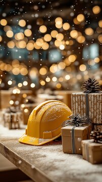 Warm bokeh lights and a joyous atmosphere create a festive new year construction scenario with a yellow hard helmet next to holiday decorations and wrapped present boxes on a snowy office table.