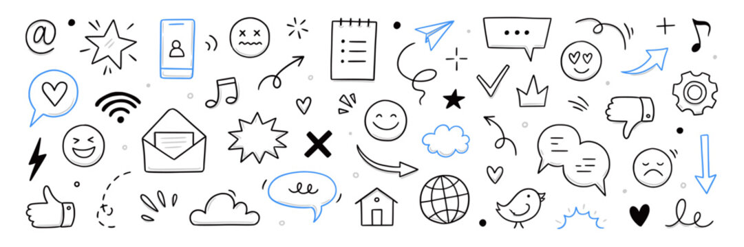 Emoji internet sketch icon set. Internet conversation, media outline tech emoji, star, arrow shape. Hand drawn sketch chat emoticon reaction, digital cloud, smile face elements. Vector illustration