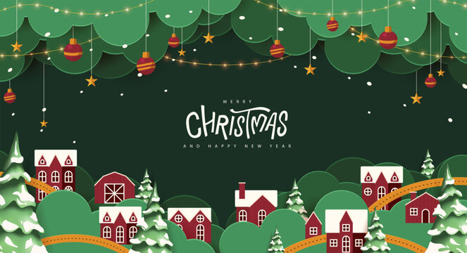 剪纸风格的圣诞假日村庄景观背景，有积雪的房屋、松树、森林、装饰品、星星、挂件、挂球、降雪、冬夜和贺卡横幅