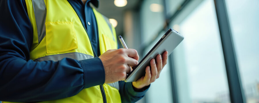 建筑检查员检查建筑安全系统。男子手持数字平板电脑和笔。此人穿着反光背心和蓝色衬衫。工人在施工审计期间于窗户旁查看检查表。