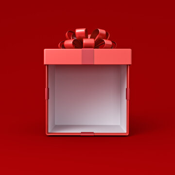 空白红色礼品盒模型展示摊位支架，打开的礼物盒系着红色丝带蝴蝶结，孤立在深红色背景上，带有阴影，简约创意概念3D渲染