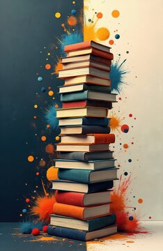 深色和浅色背景上高高堆叠的色彩斑斓的精装书。橙色、蓝色、黄色的颜料泼溅在堆叠的书籍周围营造出抽象的艺术效果。