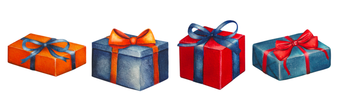 带有蓝色、红色、橙色圣诞礼盒的手绘套装。水彩插画。