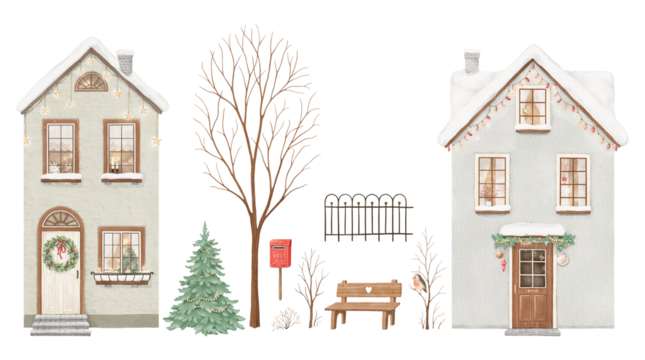 冬季水彩元素套装，包含房屋、树木、邮箱和长椅，可为你的贺卡或邀请函设计圣诞元素。孤立的手绘节日符号。