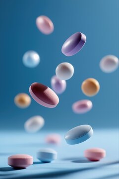 色彩斑斓的药丸漂浮在蓝色背景上