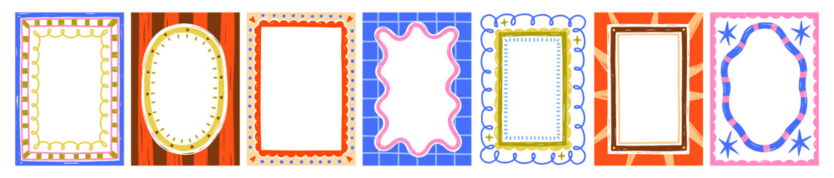 涂鸦风格相框套装：现代可爱抽象装饰边框、奇趣创意背景与设计元素装饰（白色背景孤立扁平化矢量插画）