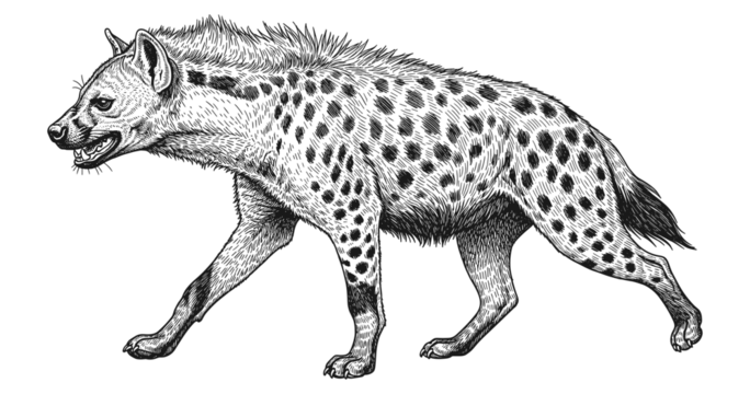 带有精致皮毛和斑点的黑白鬣狗细节素描