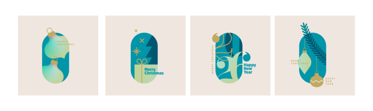 圣诞与新年贺卡套装。适用于节日贺卡、背景、网站及社交媒体横幅、营销材料的矢量插画模板