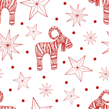 斯堪的纳维亚风格圣诞稻草山羊置身于星星和雪花之中的矢量无缝图案，单色红色。手绘瑞典冬季符号线条艺术墨绘装饰图案，适用于圣诞包装、纺织品、装饰