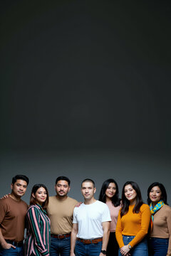 一群年轻成年人和中年的多族裔男女站在一起，对着镜头微笑，在深色背景前摆姿势拍摄团队合影，上方有文字空间
