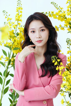 年轻亚洲女性站在黄花丛中的肖像，手托下巴凝视镜头，长波浪发勾勒脸庞，妆容淡雅