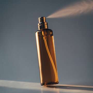 琥珀色玻璃身体喷雾瓶模型，可见喷雾或喷射效果