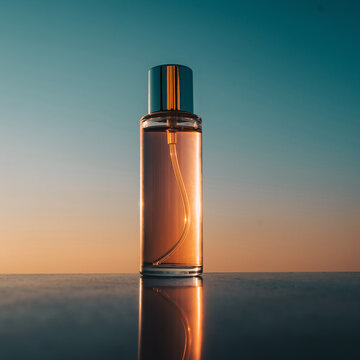 带有金色时光倒影的优雅香水或喷雾瓶模型