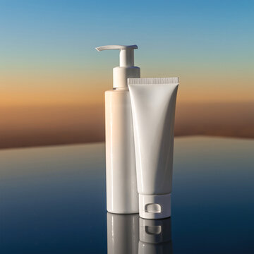 柔和日落渐变背景上的化妆品泵瓶和软管模型