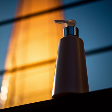 带有强烈落日光影的简约乳液泵头瓶模型