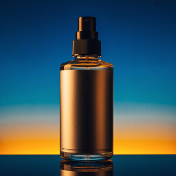 醒目蓝橙渐变背景上的圆柱形化妆品喷雾瓶模型