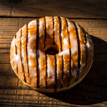 粗木面上淋有深焦糖釉和白色糖霜细流的甜甜圈俯视图