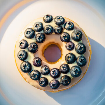 白色盘子上饰有新鲜蓝莓和白色糖霜的美味甜甜圈
