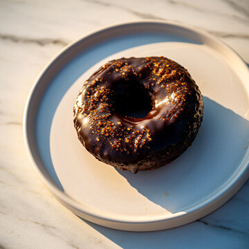 白色盘子上的黑巧克力糖衣甜甜圈，沐浴在柔和的晨光中