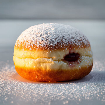 经典糖粉甜甜圈（柏林人甜甜圈/克拉芬甜甜圈），内馅为红色果酱或果冻