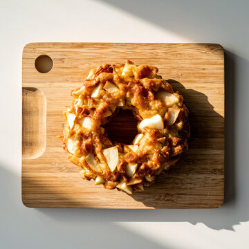 木面上淋有焦糖糖浆、撒有杏仁片或椰蓉的甜甜圈俯视图