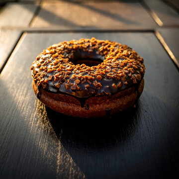 美食家级黑巧克力淋面甜甜圈，搭配香脆坚果，置于质朴木板上