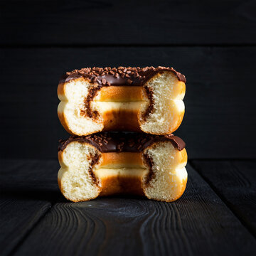 堆叠的两个半块甜甜圈，在深色木面上展现出蓬松面团和巧克力馅料的层次