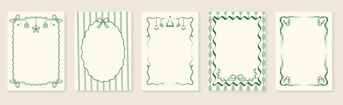 带有红色和绿色丝带、蝴蝶结、冬青叶及节日装饰的圣诞相框矢量插画集 — 适用于贺卡、请柬、海报和包装印刷的优雅节日设计。