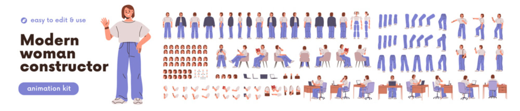 女性构造图、身体部位、动画套件、动作。年轻女性，处于运动姿势的腿部、手臂、面部元素，正面、背面、侧面。角色设计。白色背景上的扁平矢量插画