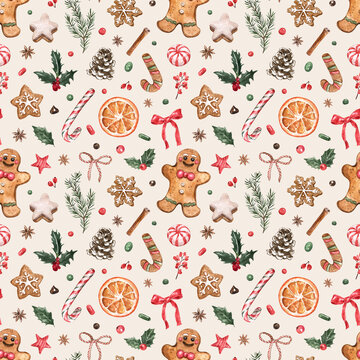 温暖米色背景上的节日水彩姜饼人和拐杖糖无缝假日图案。