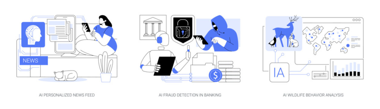 新闻、金融与科学领域的人工智能抽象概念矢量插画