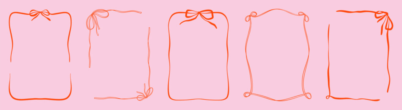 Set of hand drawn doode coquette rectangle vertical red ribbon frames with cute tied bow. Christmas, New Year, Valentines day greeting cards, bachelorette, wedding, birthday party whimsical design